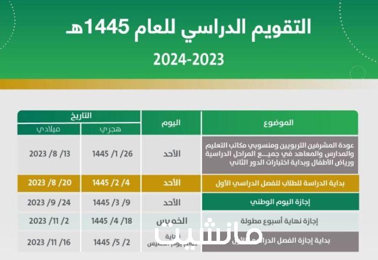 جدول الاجازات المطولة 1445 للمدراس وفقاً للتقويم الدراسي