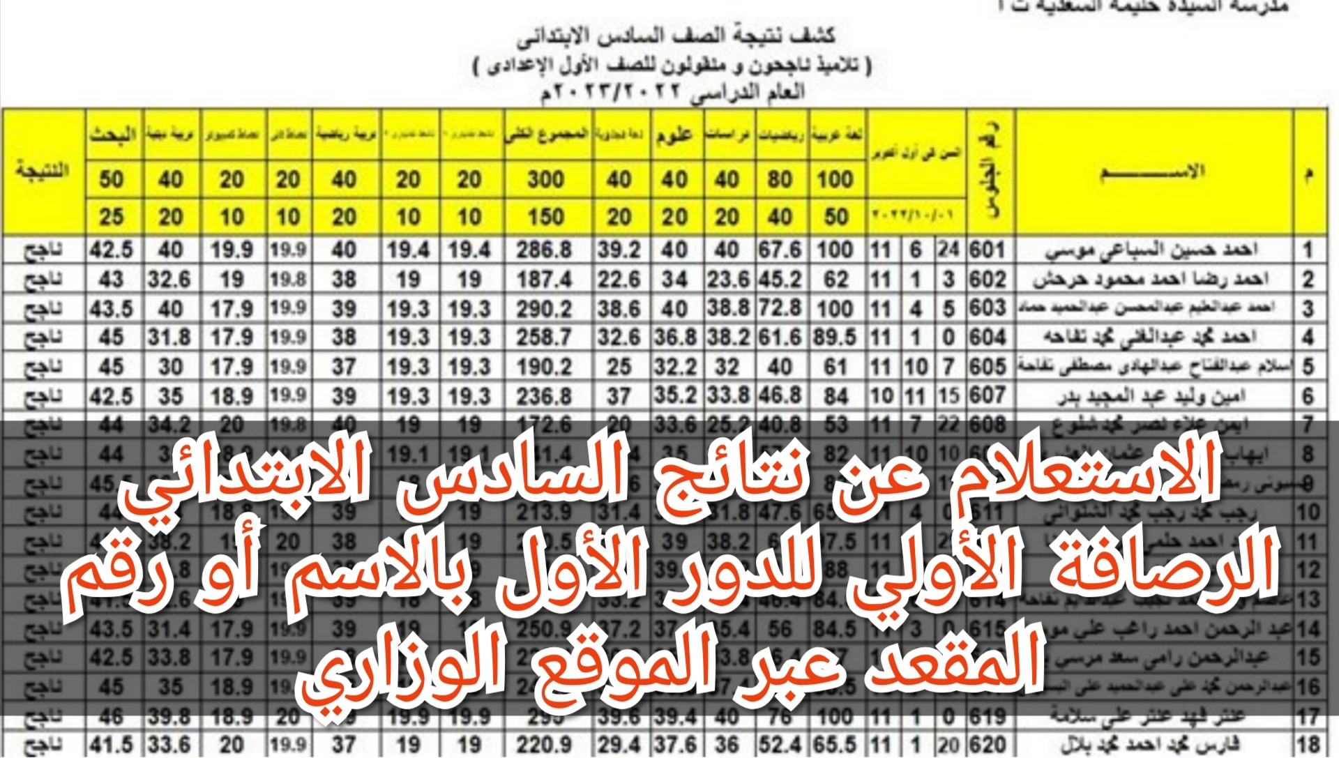 الاستعلام عن نتائج السادس الابتدائي الرصافة الأولي للدور الأول بالاسم أو رقم المقعد عبر الموقع الوزاري